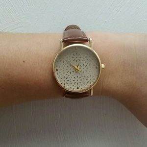 Gold watch w brown genuine leather band